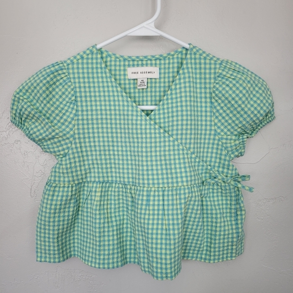 Free Assembly Little Girls XS 4/5 Blue Yellow Gingham Plaid Short Sleeve Blouse